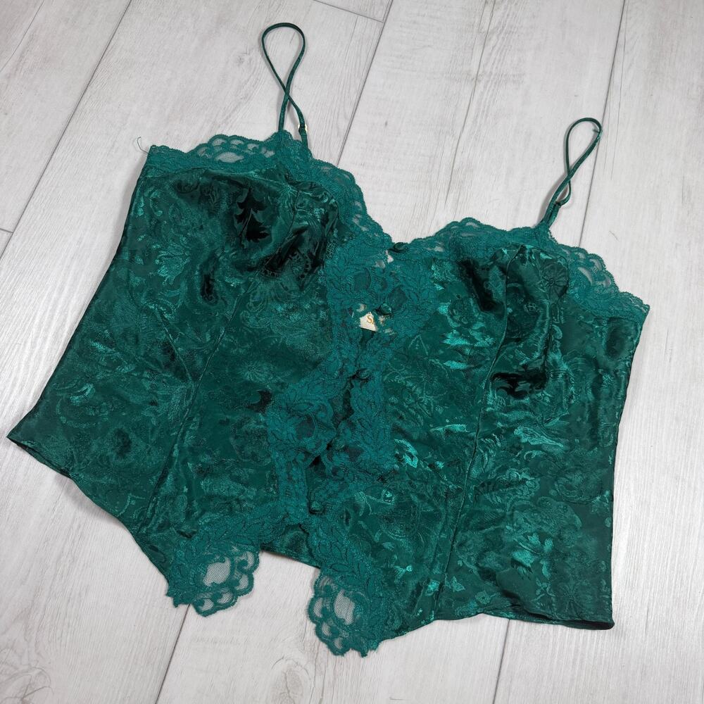 Victoria’s Secret Gold Label Women Medium Vintage Green Satin Button Up Lace Top